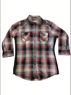 Cowgirl Core Sequined Embroidered Plaid Womens Shirt w/ Lace Embellishments